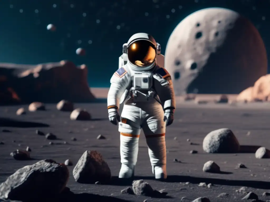 A lone astronaut, clad in a spacesuit, stands atop Misenus, gazing out at the rugged, crater-ridden surface beneath her