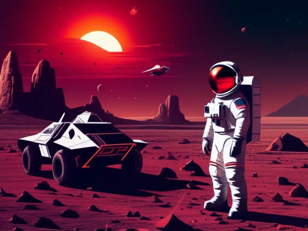 An astronaut floats alone in a dark, red sky, surrounded by a barren, littered landscape and distant rock formations