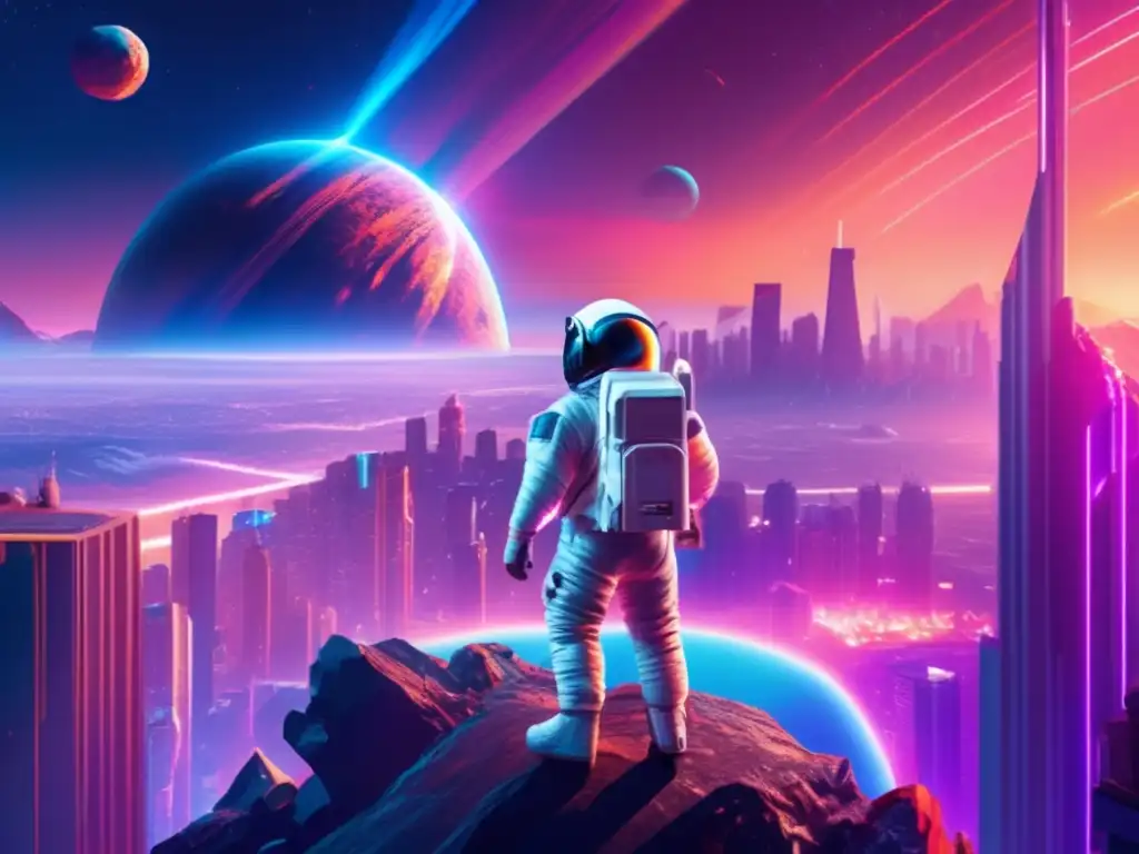 An astronaut in a spacesuit gazes at a massive asteroid threatening Earth, its jagged edges shimmering in the sunlight against the backdrop of a futuristic city skyline with swirling neon lights