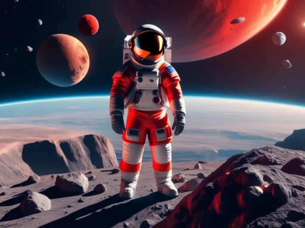 An astronaut in a spacesuit stands atop a large asteroid, gazing at the vast expanse of space with a 3D image of a bright red asteroid, the Earth, sun, and other celestial objects in the background