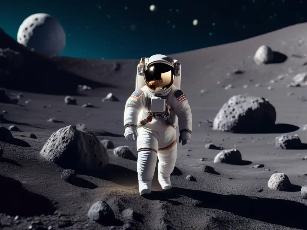 An astronaut suit braves the rugged surface of Teutonia, a richly detailed asteroid with contrasting colors and metallic landscape