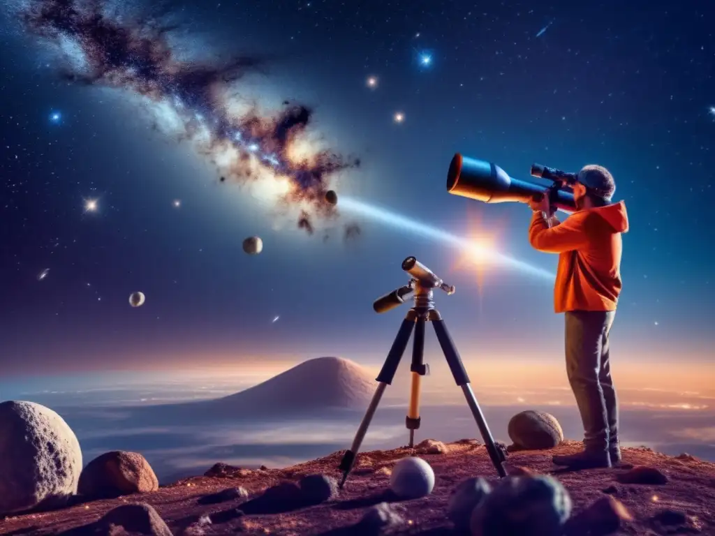 Aerospace expert stargazes through a telescope, scanning the cosmos for distant asteroids, surrounded by swirling galaxies and other celestial bodies