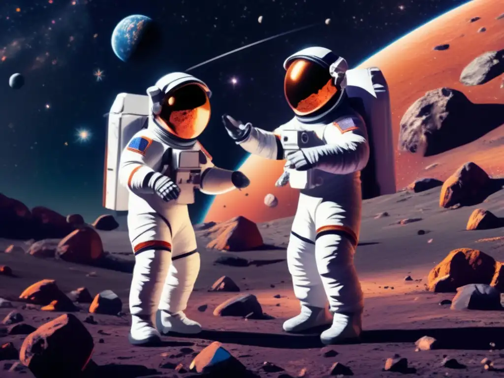 A photorealistic depiction of two astronauts narrowly studying a large asteroid, surrounded by space debris, stars and a vibrant rocky landscape