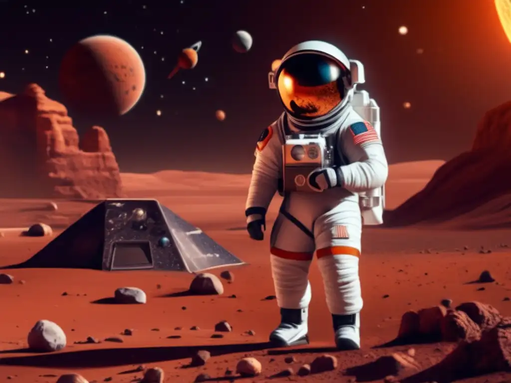 Astronaut treads cautiously on the barren, rocky terrain of Mars, the stark expanse of its red surface illuminated by the warm glow of the Sun