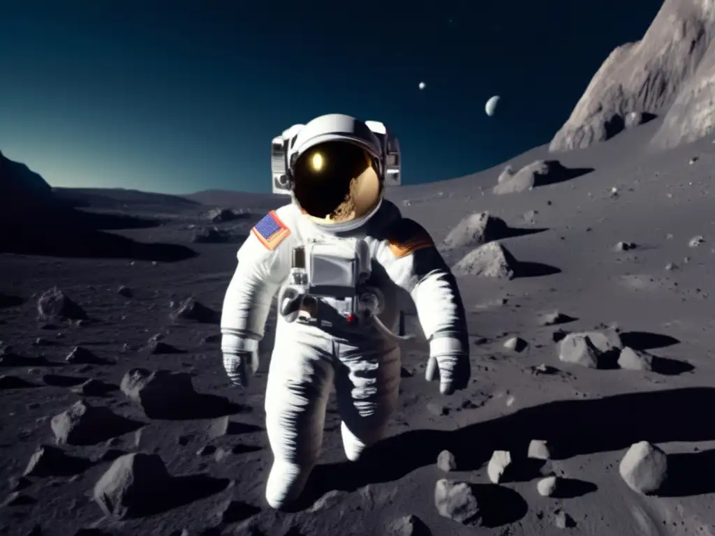 Dash: Image: - An astronaut in a spacesuit explores the rocky terrain of an asteroid