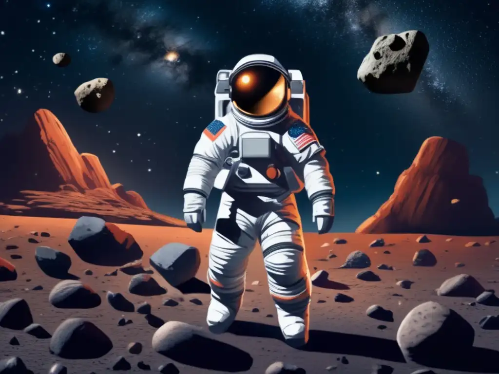 An astronaut in a space suit floats in front of a large asteroid, surrounded by starry skies and rocky terrain
