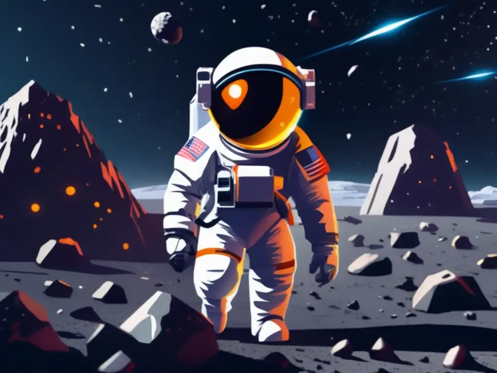 Dash - In a tight spacesuit, an astronaut boldly steps into the darkness of an asteroid belt, surrounded by jagged rock formations