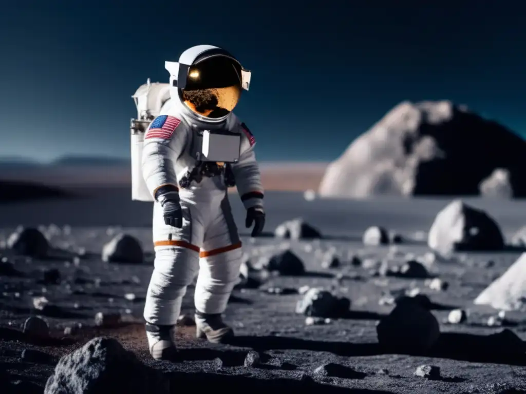 Exploring the rugged beauty of asteroid Lycaon, this astronaut in a sleek spacesuit delves into the rocky terrain with scientific instruments in hand