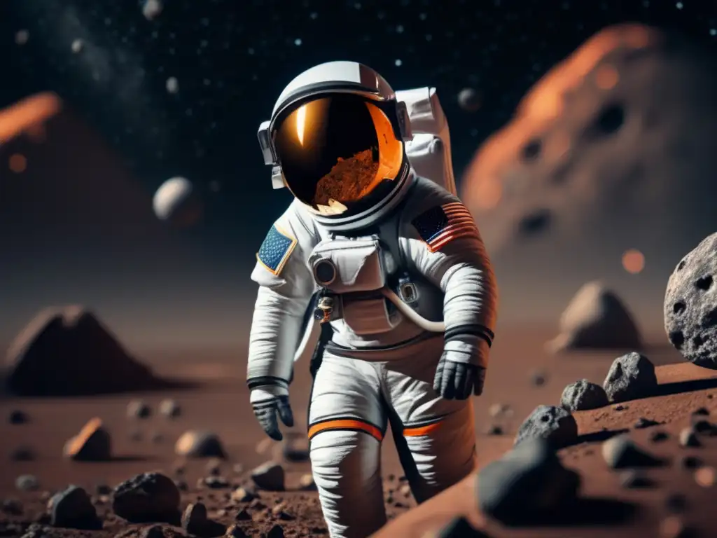 An astronaut in a spacesuit bravely explores an intricate asteroid, its rocky surface stained with the vivid colors of cosmic dust