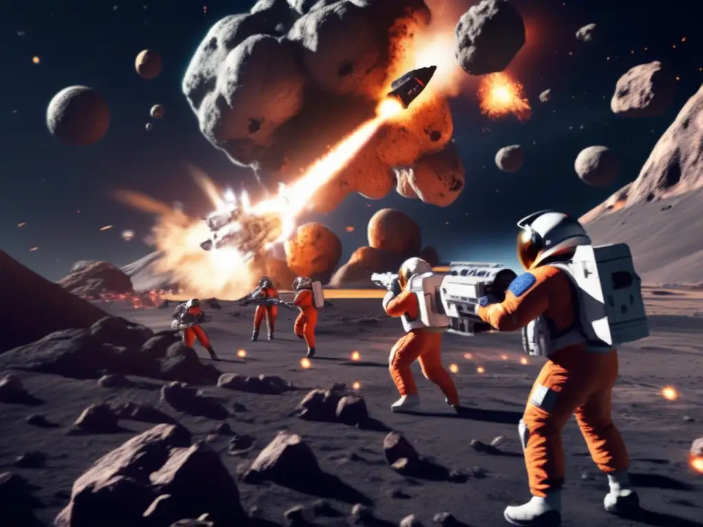 An intense photorealistic image captures a team of skilled astronauts in action during a perilous asteroid defense mission