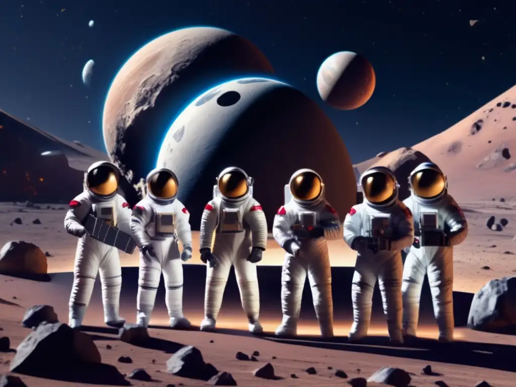 A highly detailed and photorealistic image of a group of astronauts in spacesuits, standing in front of a robust planetary defense system protecting Earth from asteroid impacts