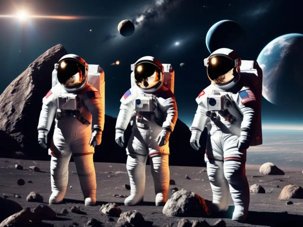 A stunningly detailed cosmic portrait captures a group of astronauts in front of a massive asteroid amidst an array of space debris; against a backdrop of netherworld darkness and celestial brilliance, Earth stands out, encircled by wispy clouds, reflecting radiant sunlight