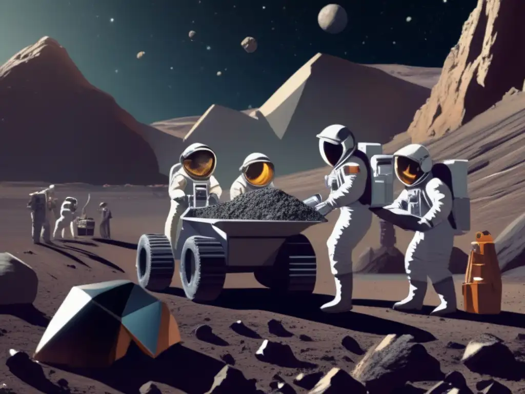 Photorealistic image of a group of astronauts in space, mining an asteroid