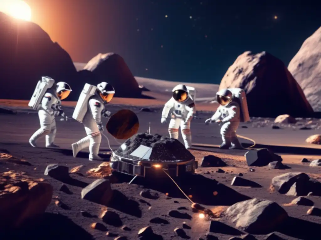 A stunning photorealistic depiction of astronauts in spacesuits meticulously preparing their equipment on an asteroid surface