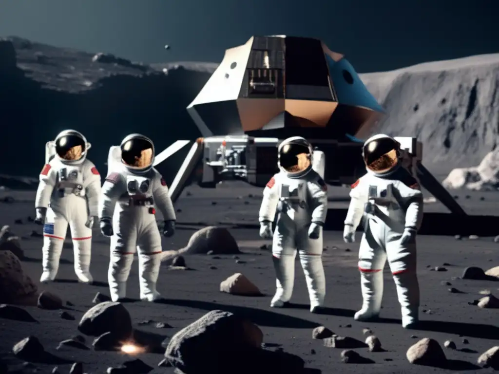 Astronauts stand in front of a futuristic spacecraft on an asteroid with rocky surface and craters, holding various tools