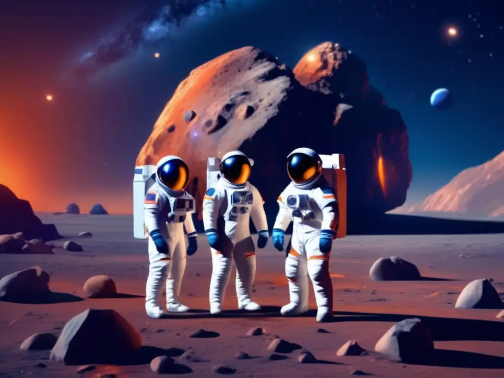 Astronauts in blue and orange spacesuits stand in awe of a massive asteroid glowing with life in the depths of space