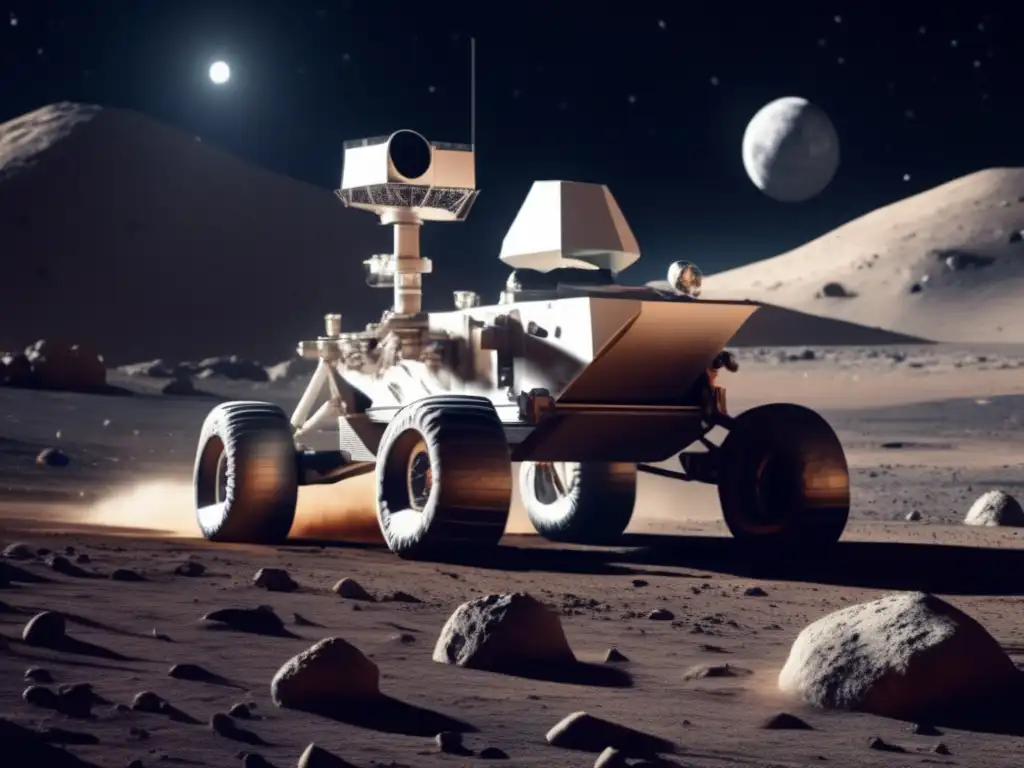 Space exploration meets innovation: A photorealistic image of a lunar rover traversing the surface of asteroid Polites with a creative team of astronauts in the background captures the essence of future space missions