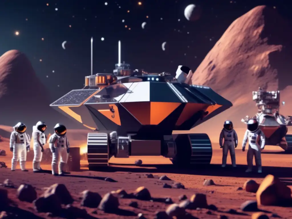 Diverse team of astronauts amidst asteroid mining rig on distant planet, surrounded by realistic asteroids & equipment