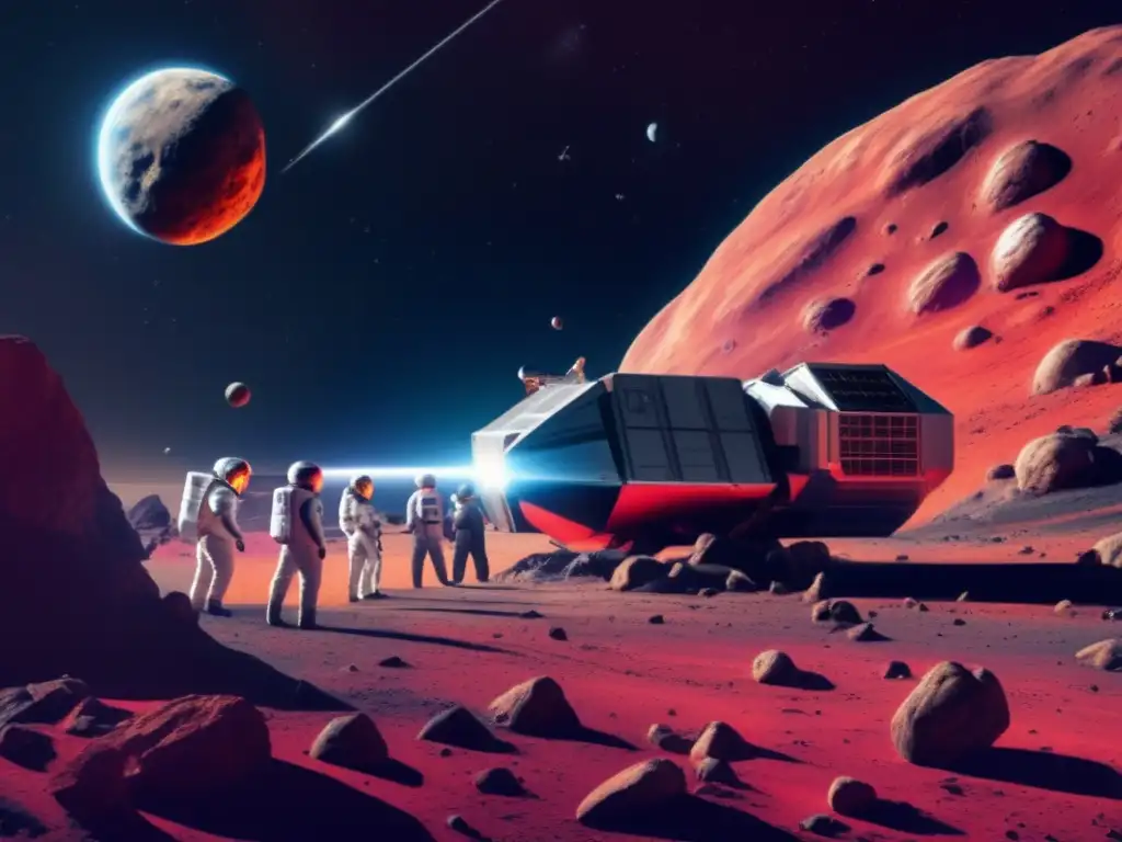 A thrilling photorealistic image of a daring team of astronauts boarding a spaceship to make contact with a colossal red asteroid