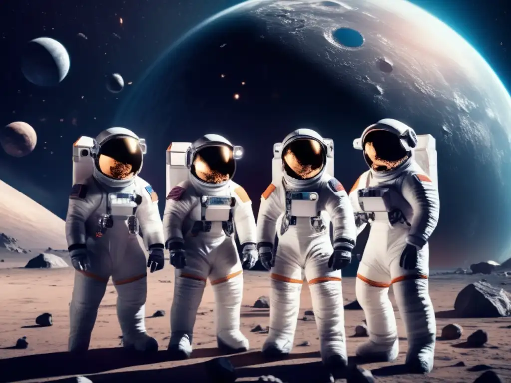 An image of a team of brave astronauts in high-tech suits, standing in front of a spacecraft, ready to defend Earth from impending asteroid threats