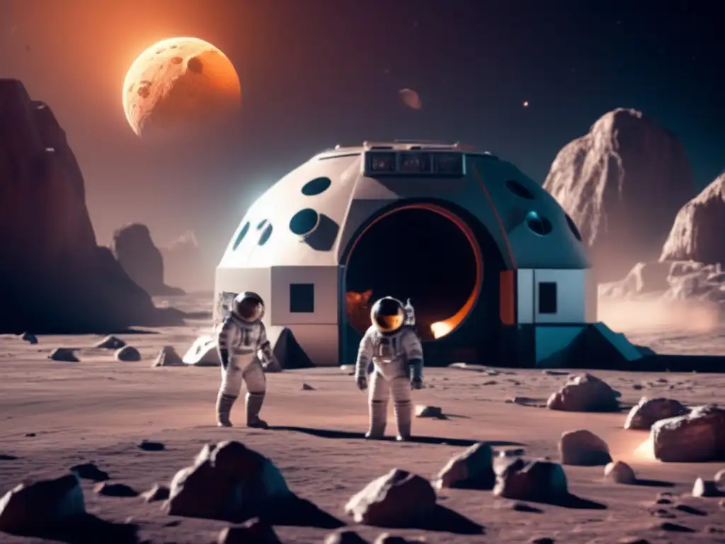 A haunting photorealistic image of an asteroid hovering above a cryogenic moon base, with two astronauts inside a pressure dome, in protective gear, poised to investigate the damage caused by the asteroid impact on the moons surface, surrounded by a dust storm, ice formations and rocky crevices