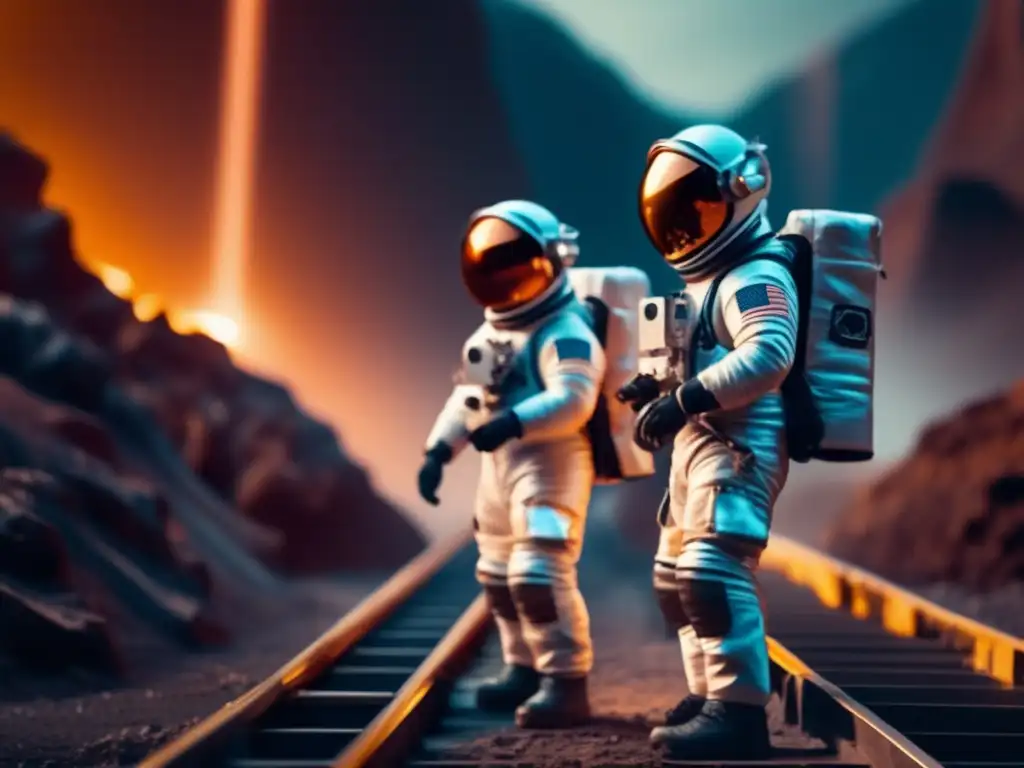 A breathtaking view of two astronauts standing in front of a mining station, surrounded by the beauty and danger of space