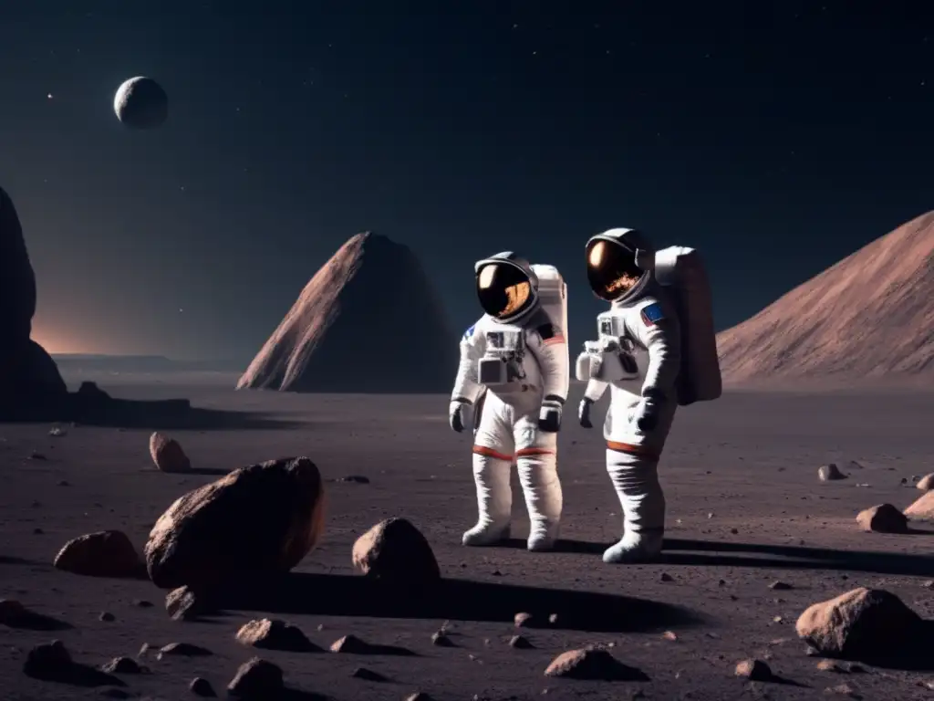 Two astronauts brave the harsh space conditions, standing in front of a barren asteroid, surrounded by the endless expanse of the cosmos