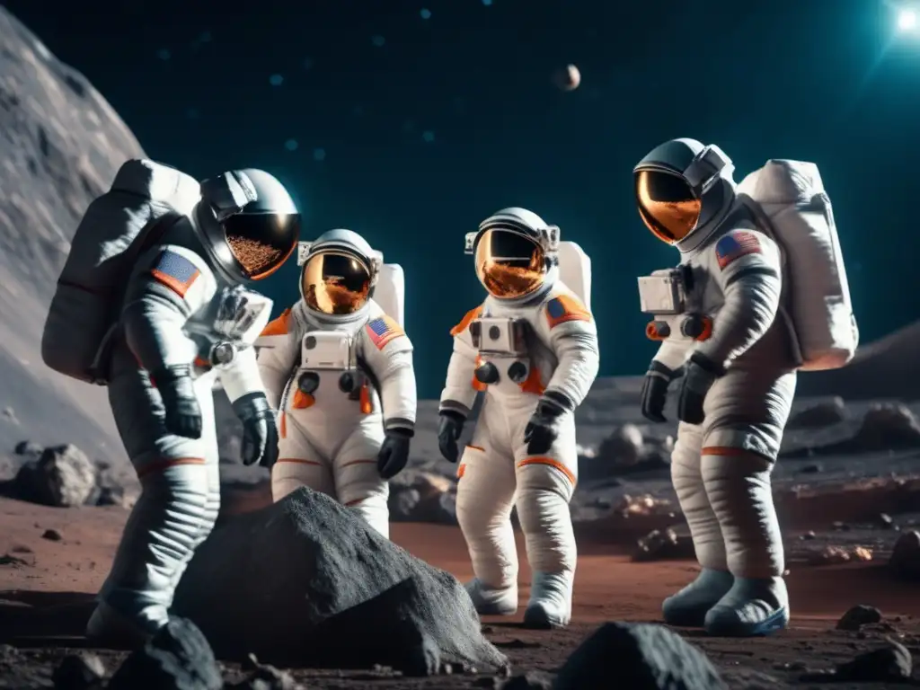 A tense and captivating image, depicting a team of astronauts in protective suits, meticulously working on the surface of a towering asteroid