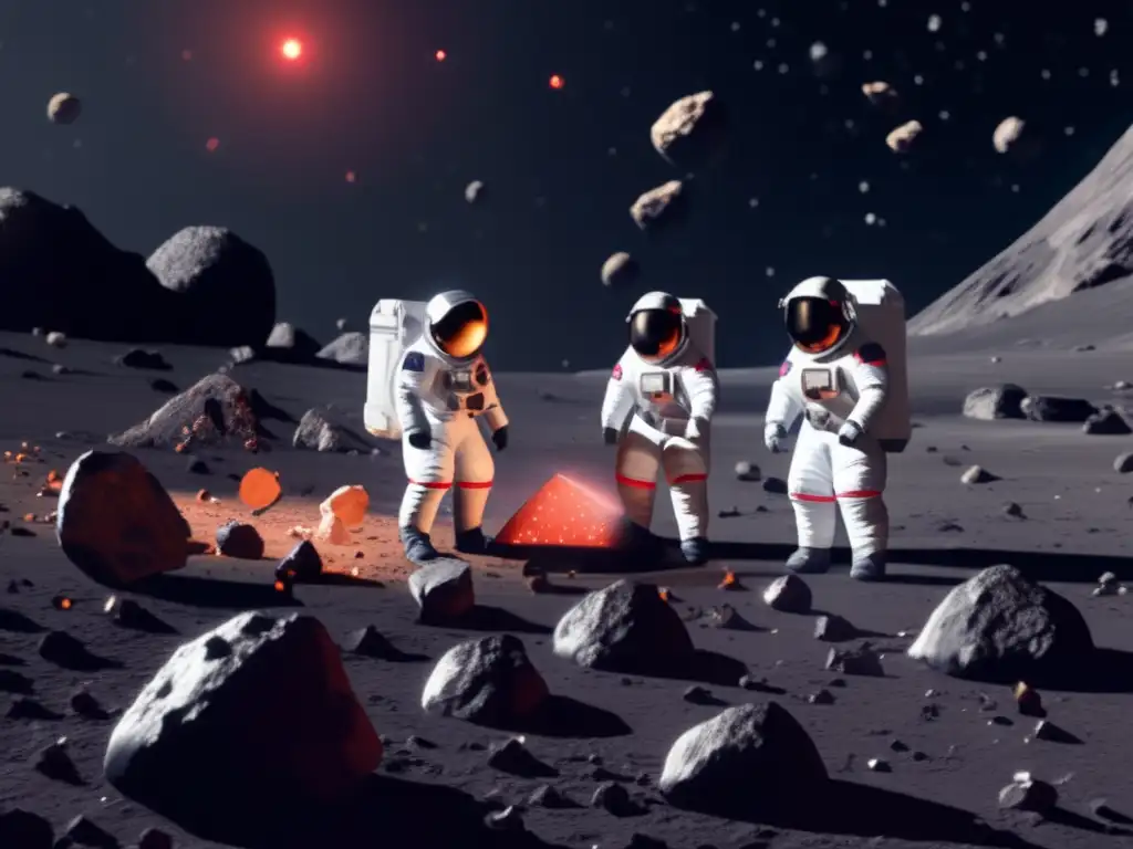 A group of diverse astronauts gather on an asteroid mining expedition, surrounded by a variety of celestial bodies