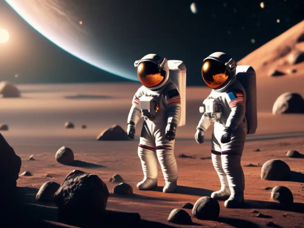 Photorealistic image of astronauts exploring an asteroid in spacesuits, emphasizing mineral-rich surface