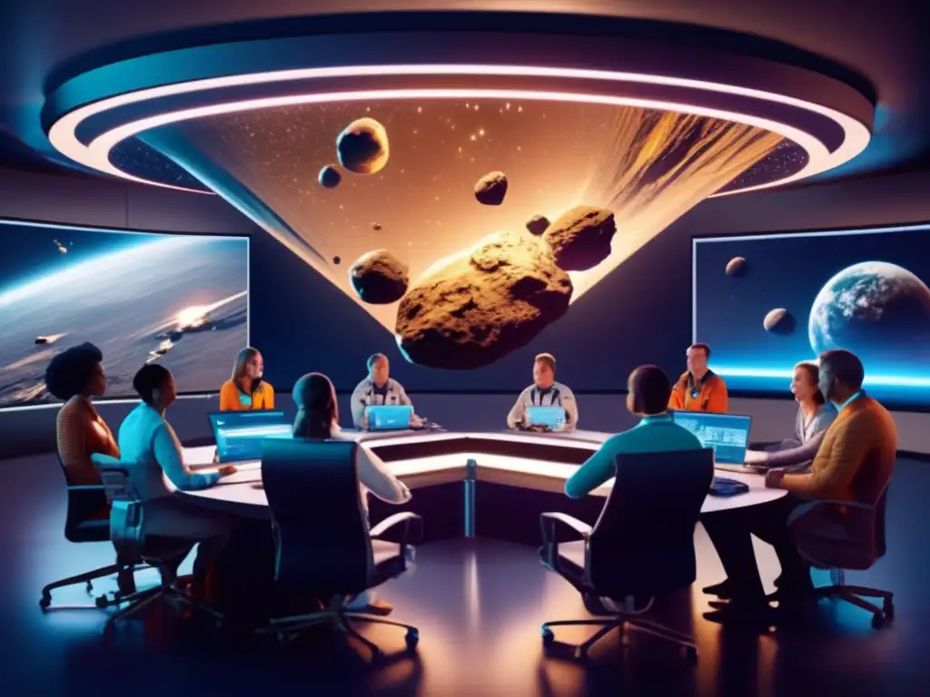 A team of scientists and astronauts sit together at a round table, discussing asteroid defense plans