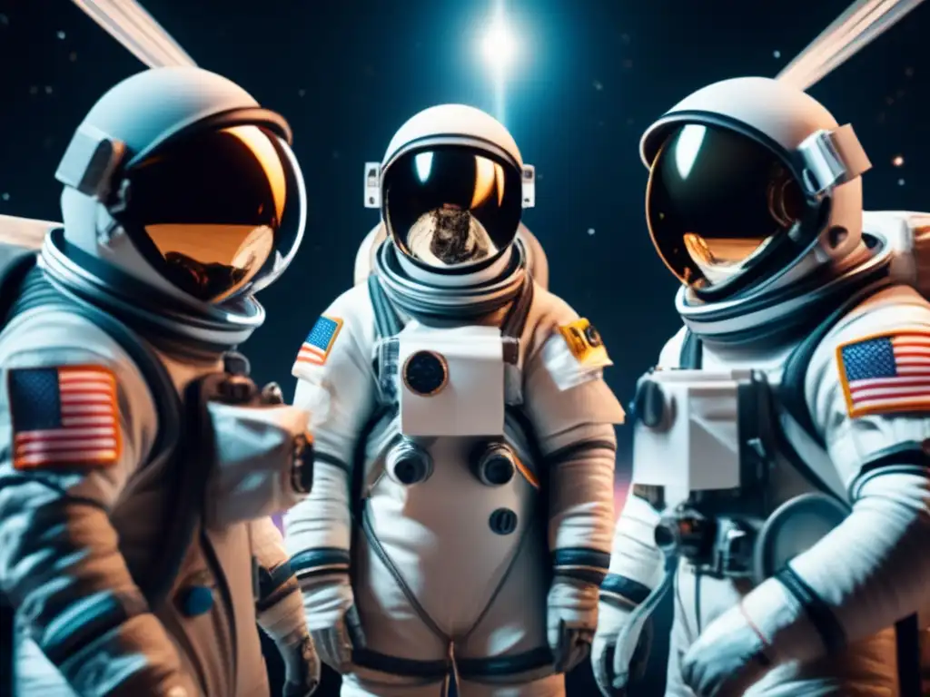 Three astronauts, dressed in space suits and hailing from different countries, collaborate seamlessly in an asteroid mining mission