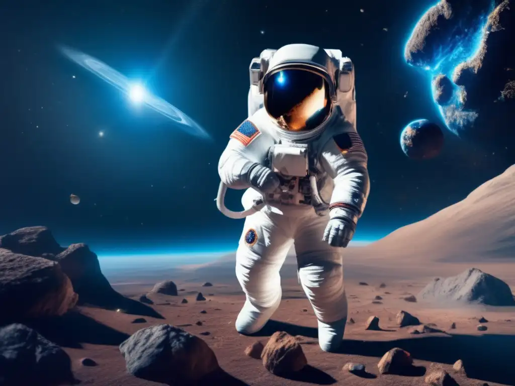 Dash - An astronaut floats in space, mesmerized by the beauty and complexity of a glowing blue asteroid, with a clear and detailed rendering of its surface features, geological formations, and significant scientific findings, showcasing the boundless possibilities of space exploration