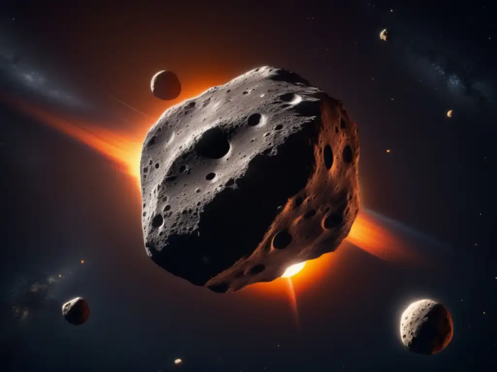 A photorealistic image of an asteroid with visible craters, rays, and a bright and contrasting sun surrounded by a deep and dark space