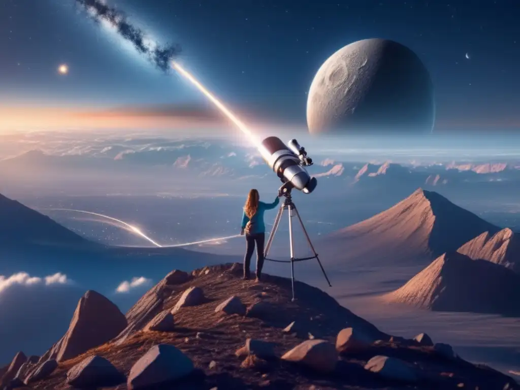 An astronaut stands atop a mountain, wielding a telescope and studying an asteroid's trail with zero gravity surrounding her