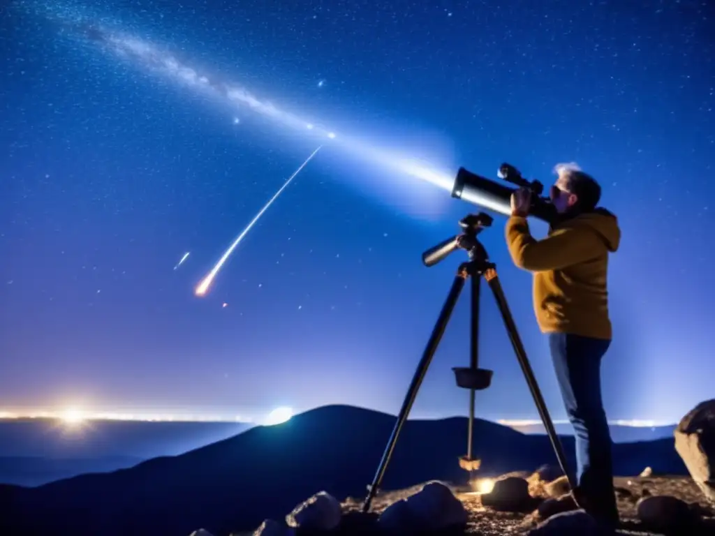 Astronomer observing an asteroid during a meteor shower, amidst a backdrop of twinkling stars and meteors streaking across the sky