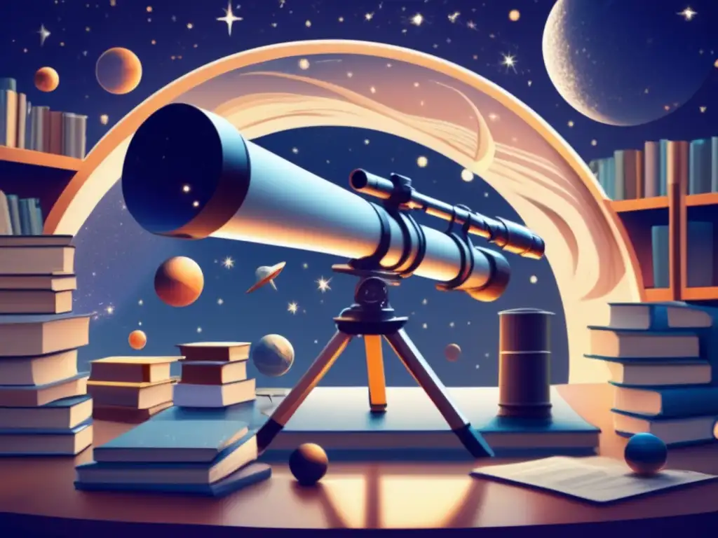 An amateur astronomer with a table covered in books, maps, and equipment, blocks out the world with his telescope pointed skyward