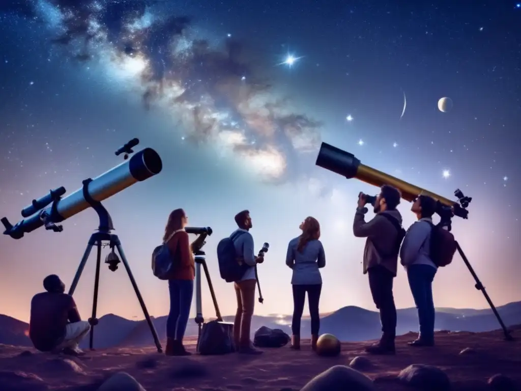 A group of dedicated astronomy enthusiasts gather around a telescope, surrounded by celestial tools such as star charts and planetarium guides