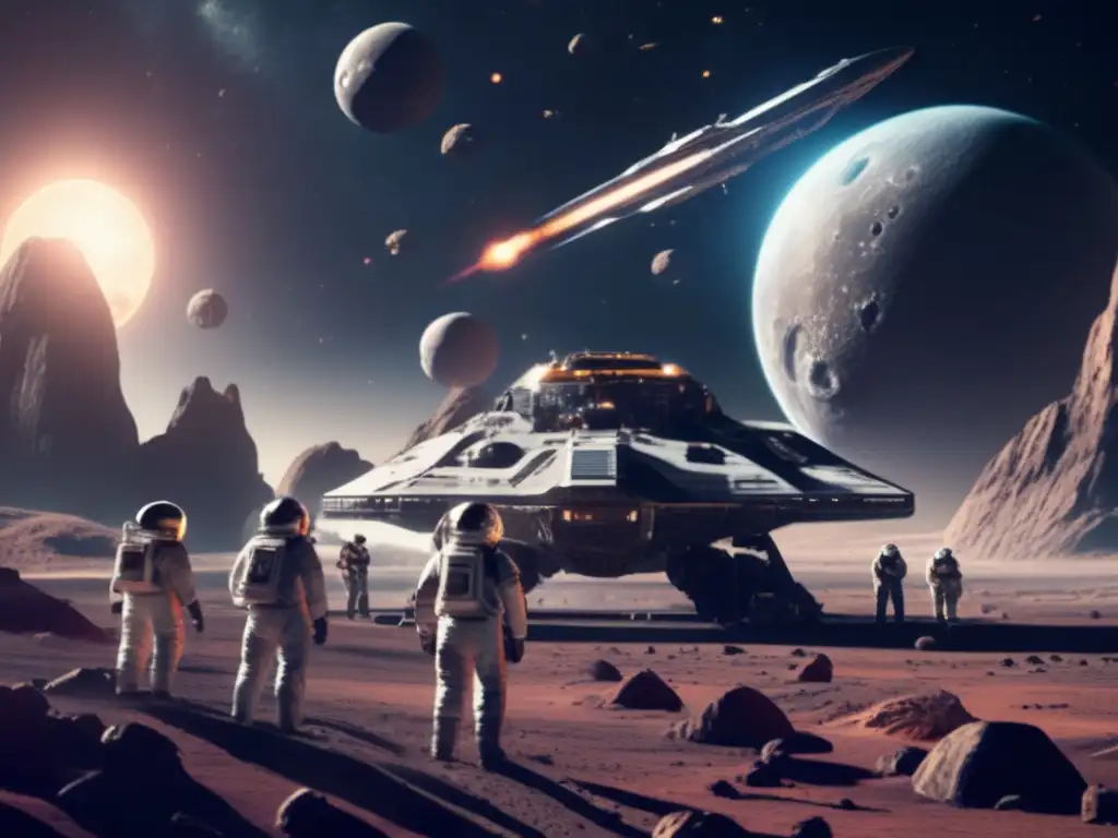 Photorealistic image of an asteroid looming in the background, surrounded by spaceships and equipment, with astronauts dressed in specialized suits working to establish an outpost on it