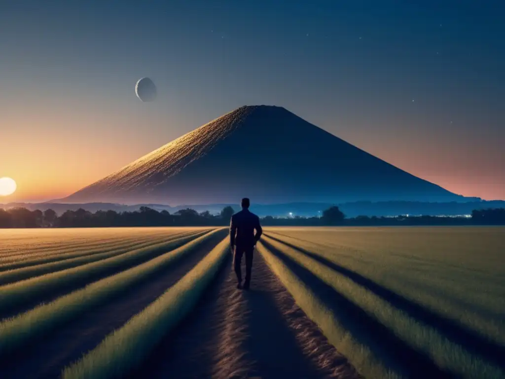 An eerie, photorealistic image captures the vast openness of a field bathed in dusk, with a haunting silhouette of asteroid 99942 Apophis looming against the horizon, casting long, ominous shadows that speak of a celestial threat on the horizon
