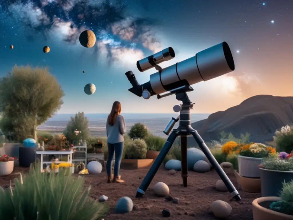 A meticulous astrophotographer gazes intensely through their telescope, capturing the intricate details of the asteroid in the background