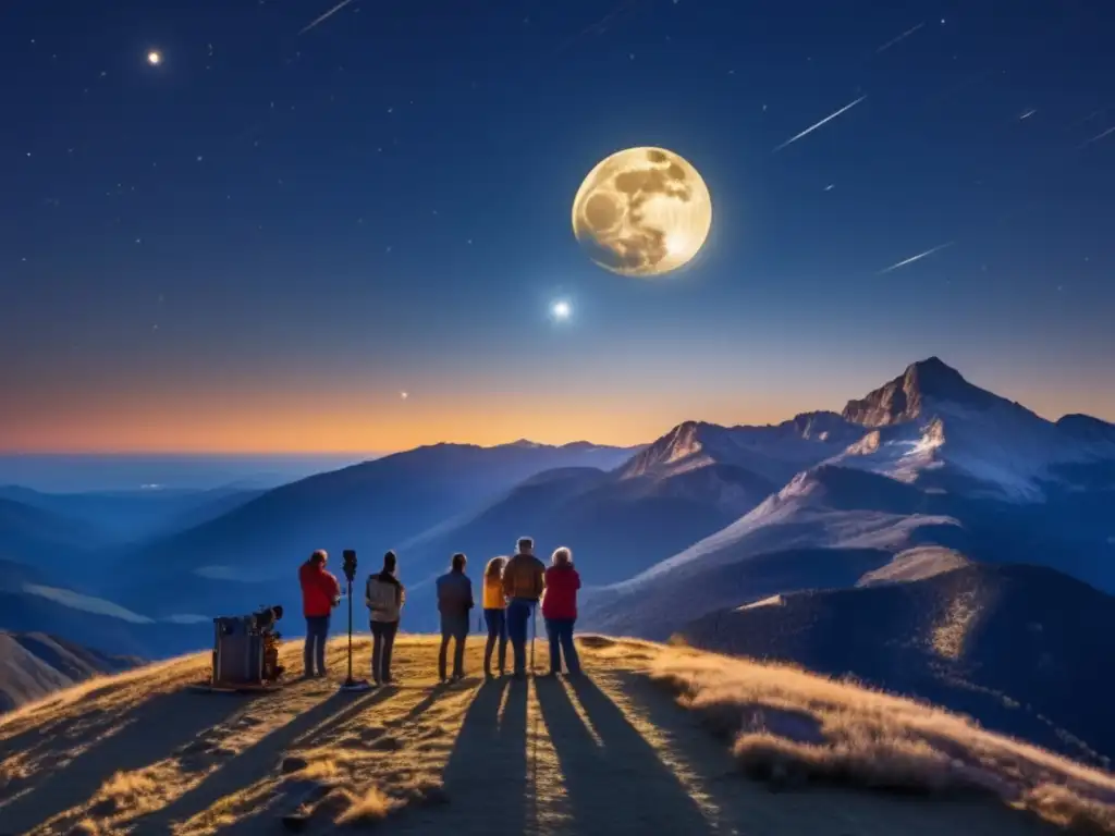 A breathtaking image of a full moon rising over the mountains, illuminating amateur astronomers as they focus on a nearby asteroid through a telescope