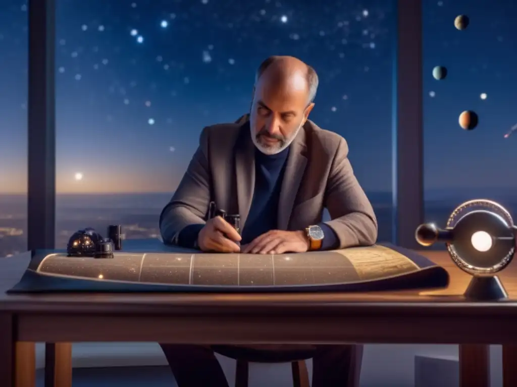 Gareth Williams, a distinguished astrophysicist, meticulously studies the telescope and celestial map, filled with the glow of minor planets