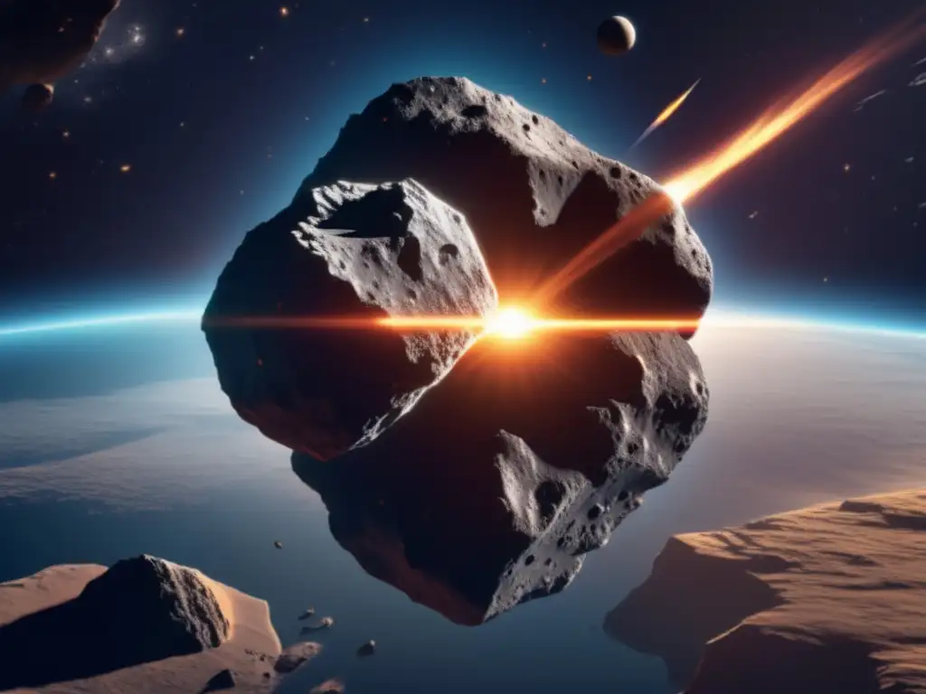 A photorealistic asteroid hurtling through space appears vulnerable with a distinct crack in its surface, uncertain of impact