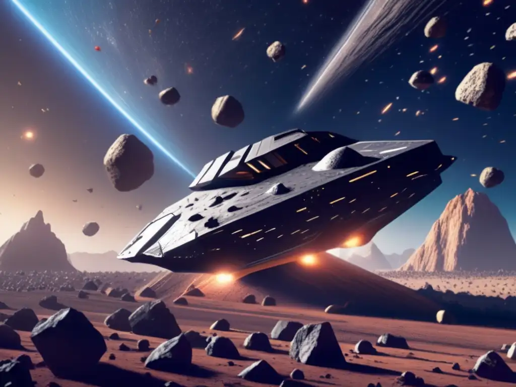 A stunning image of a futuristic spaceship soaring through a vast, photorealistic field of asteroids