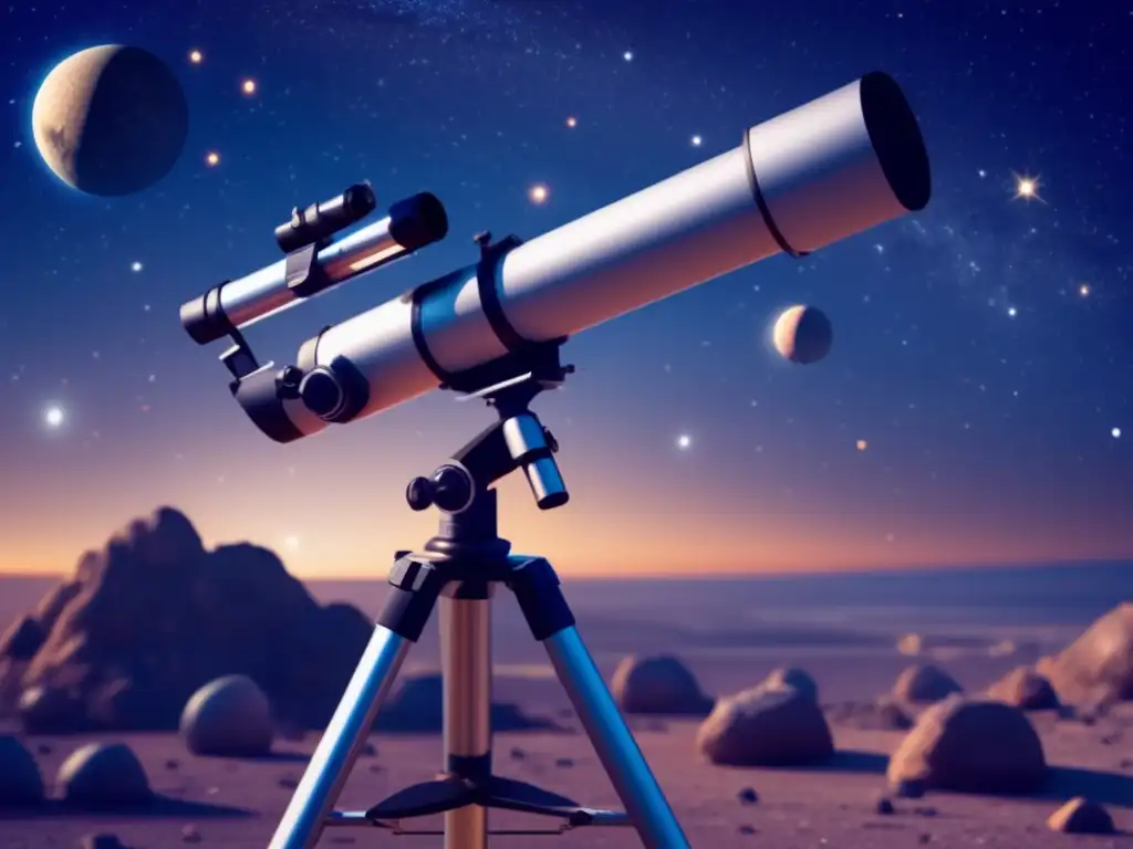 Discovering New Obsessions: A photorealistic image of a high-tech telescope surveying the night sky, with asteroids in various positions and trajectories