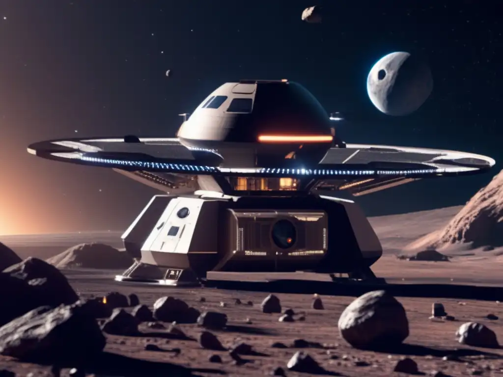 Photorealistic image of a futuristic space station orbiting around an asteroid with a field of asteroid mining equipment visible in the background