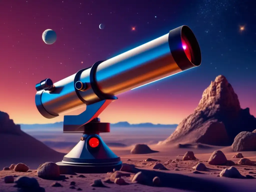 A vivid photorealistic depiction of an extraterrestrial telescope observing the fiery Machaon asteroid from a mesmerizing distant planet, as it traverses the richly colored sky