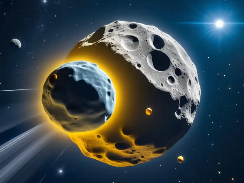 A captivating closeup of a blue-grey asteroid in space, surrounded by a vibrant yellow radiating sphere, highlights its resource potential