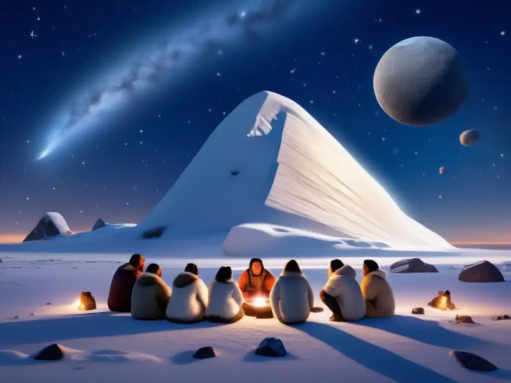 The mystical dance of celestial bodies under the vast Arctic sky as an Inuit tribe picnics, drawn together by the rare passage of a dazzling asteroid